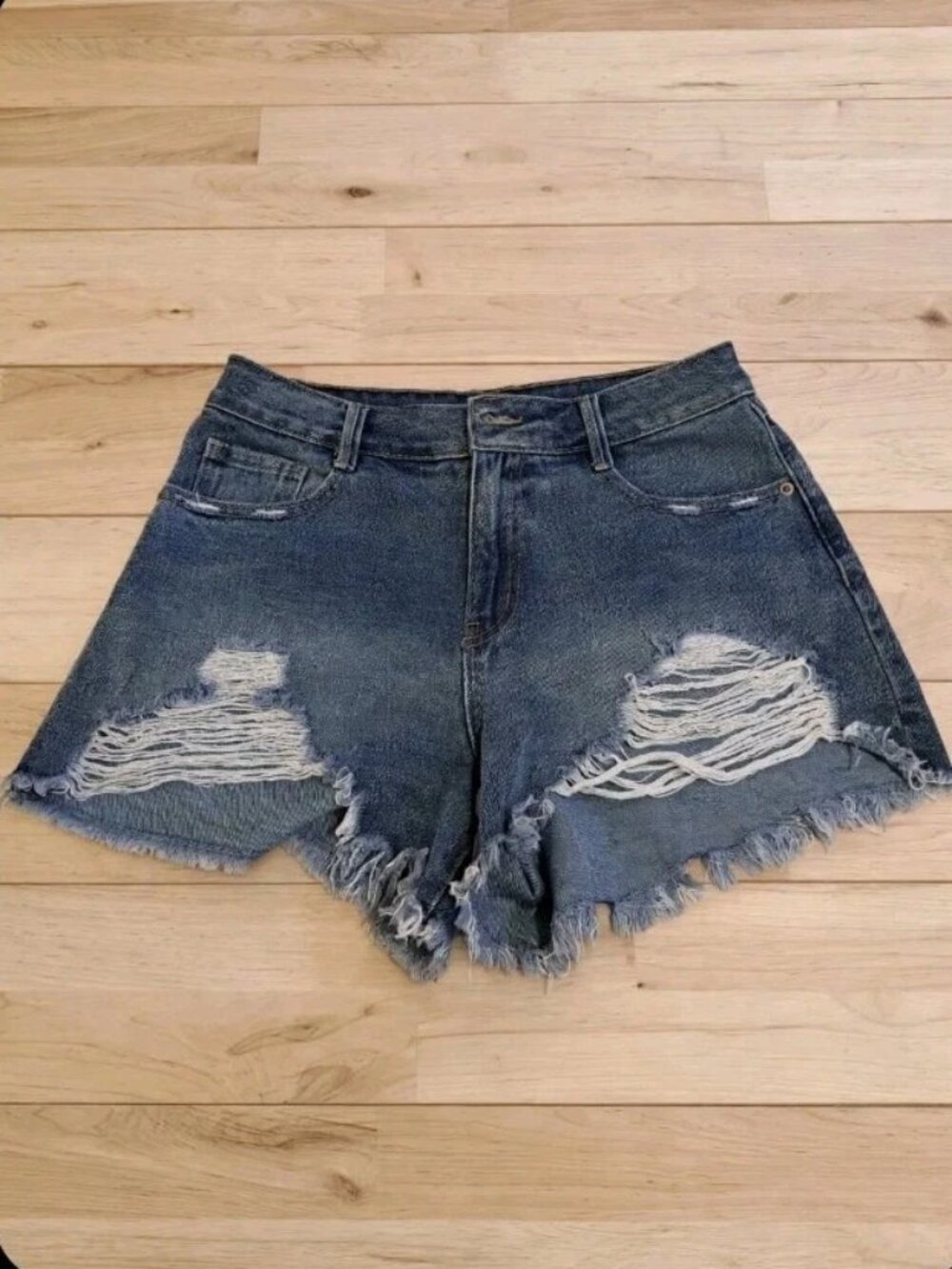 Happily Grey Women& Denim Shorts Size 7 / 28 Distressed Ripped Frayed Raw Hem